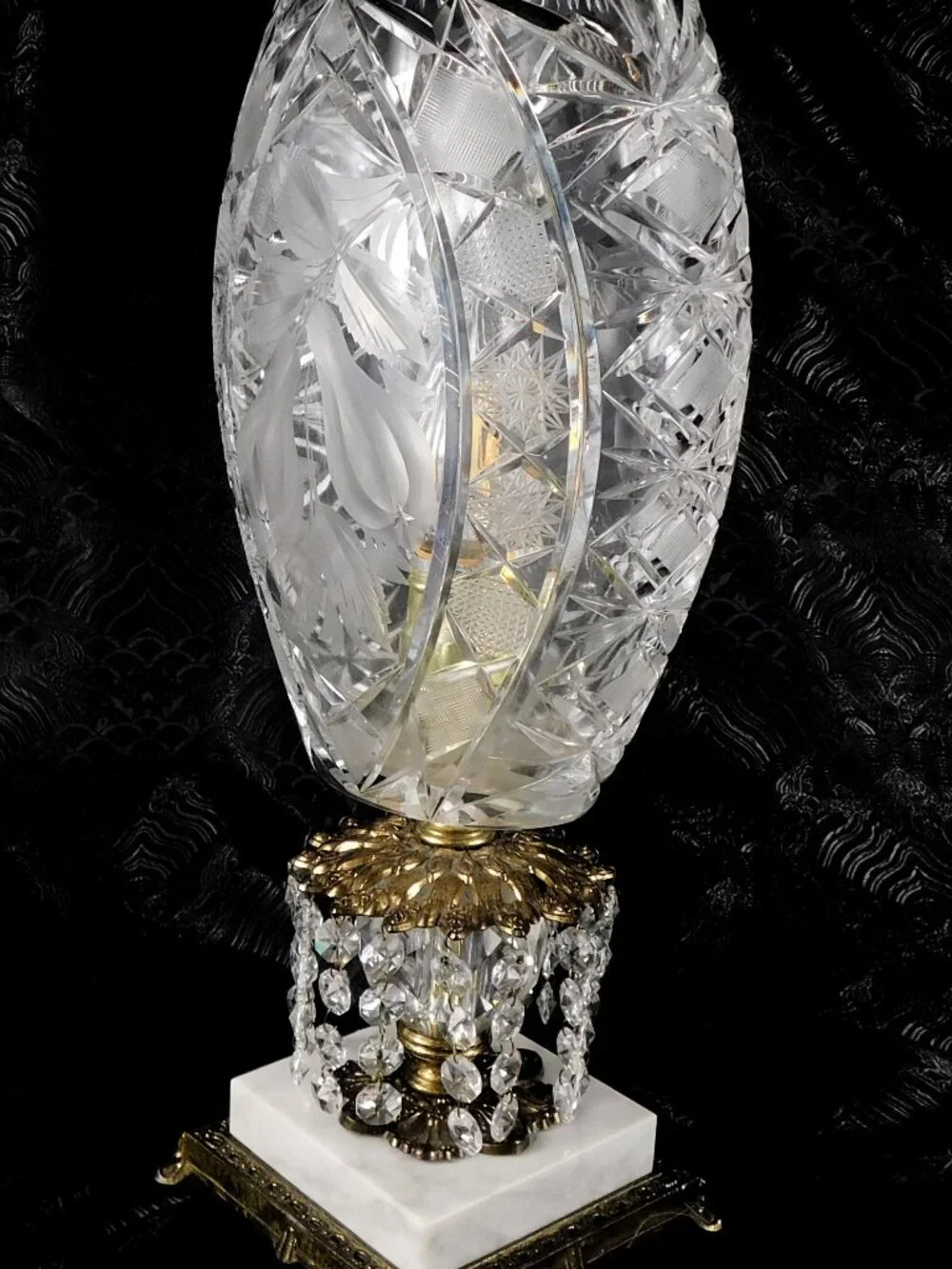 Very Large Cut Crystal Lamp on Marble Base with Hanging Prisms # 27690